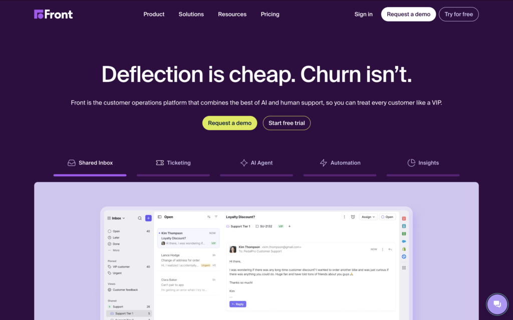 Screenshot of the Front website homepage showing the headline “Deflection is cheap. Churn isn’t.” with “Request a demo” and “Start free trial” buttons, navigation links, and a shared inbox interface preview below.